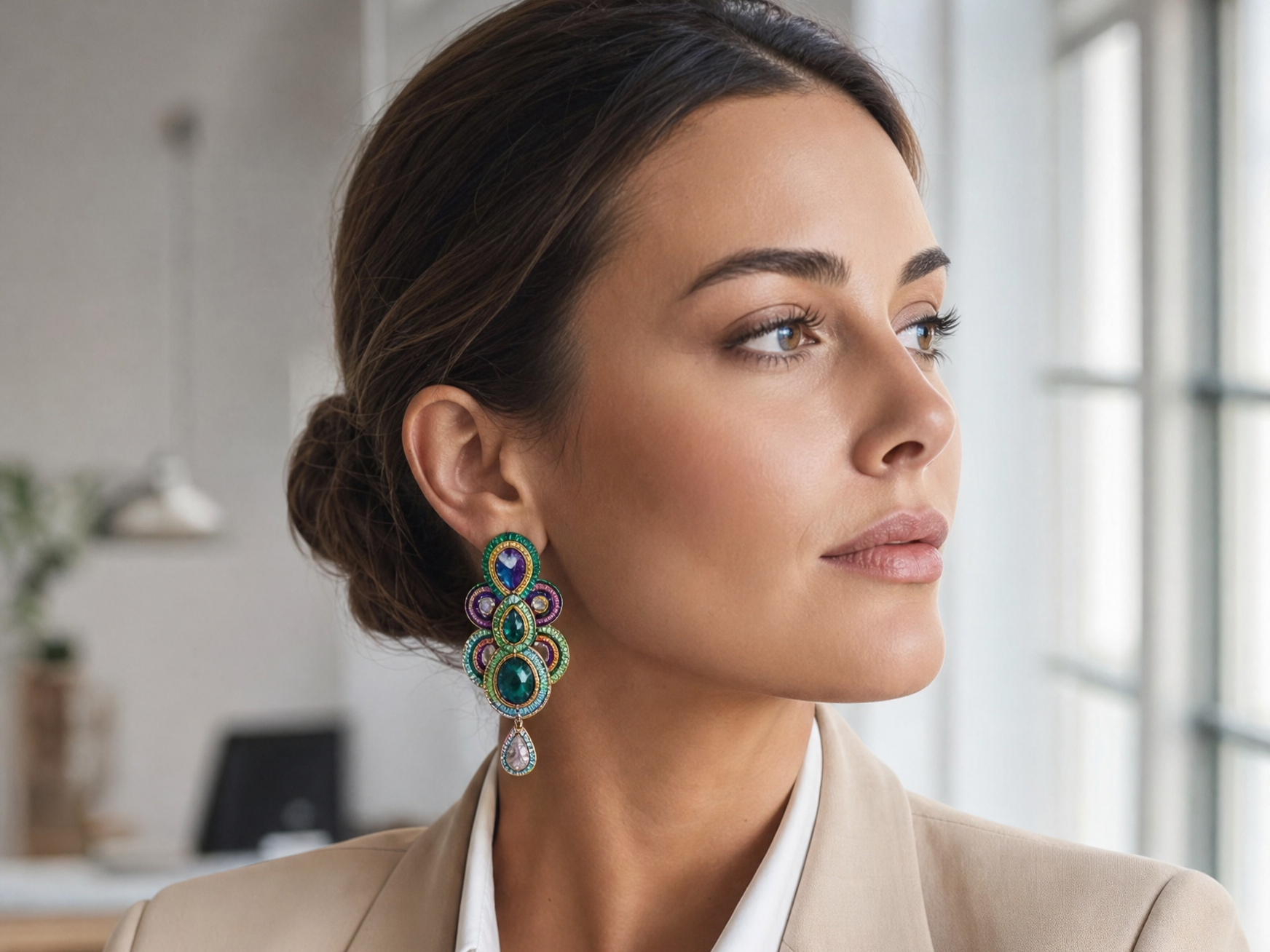 Office Chic — cercei soutache statement peste blazer și cămașă albă